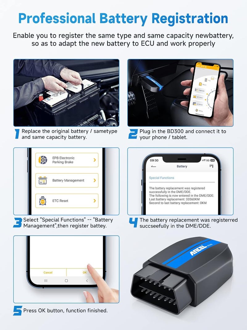 Ancel BD300 BMW Bluetooth OBD2 Scanner, Full System Code Reader and Diagnostic Tool for BMW with Battery Registration Service Reset EPB CBS ETC ABS Airbag & Powerful OBD2 Functions - Image 2
